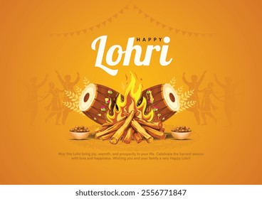 Indian Punjabi festival of lohri celebration fire background with decorated drum and bonfire with festival elements. vector illustration design.