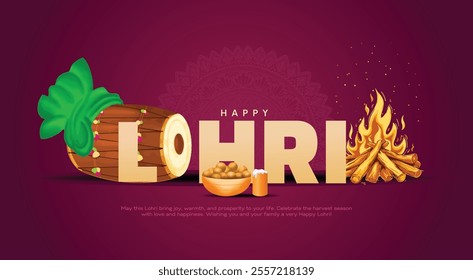 Indian Punjabi festival of lohri celebration fire background with decorated drum and bonfire with festival elements. Creative vector illustration design.