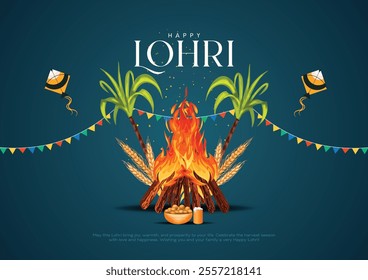 Indian Punjabi festival of lohri celebration fire background with decorated drum and bonfire with festival elements. Creative vector illustration design.