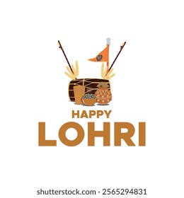 Indian Punjabi festival of lohri celebration fire background with decorated drum and bonfire with festival elements. vector illustration design.