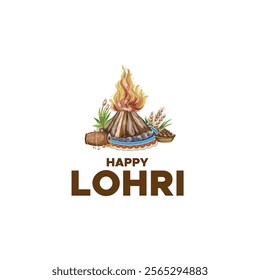 Indian Punjabi festival of lohri celebration fire background with decorated drum and bonfire with festival elements. vector illustration design.