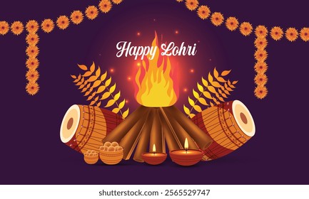 Indian Punjabi festival of lohri celebration fire background with decorated drum and bonfire