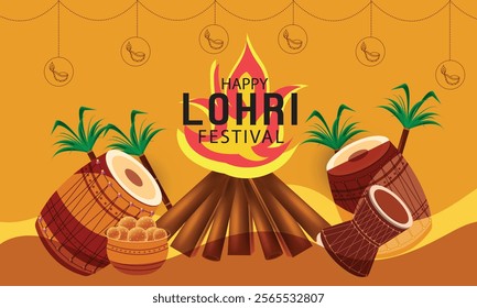 Indian Punjabi festival of lohri celebration fire background with decorated drum and bonfire with festival elements