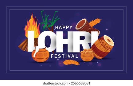 Indian Punjabi festival of lohri celebration fire background with decorated drum and bonfire with festival elements