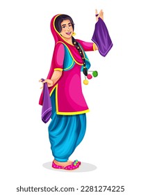 Indian Punjabi happy young woman enjoying occasion like Lohri and Baisakhi function dance party isolate on white background. Girl wearing ethnic Indian cloth suit and salwar.