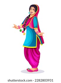 Indian Punjabi happy young woman enjoying occasion like Lohri and Baisakhi function dance party isolate on white background. Girl wearing ethnic Indian cloth suit and salwar.