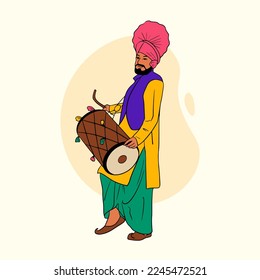 Hombre punjabí indio bailando tradicional con ilustración vectorial de tambor, usando un colorido vestido indio
