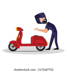 Indian Punjabi mechanic is checking petrol tank of scooter. Vector graphic illustration. Individually on a white background.	