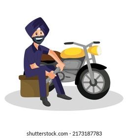 Indian Punjabi mechanic is repairing motorcycle. Vector graphic illustration. Individually on a white background.