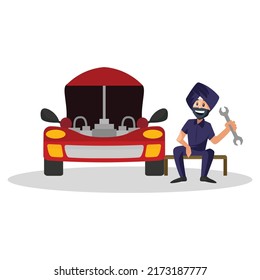 Indian Punjabi mechanic is resting while repairing a car. Vector graphic illustration. Individually on a white background.	