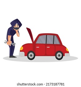 Indian Punjabi mechanic is shocked by watching a car engine. Vector graphic illustration. Individually on a white background.