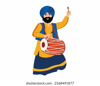 Indian punjabi sikh man traditional dance bhangra with dhol on occasion like lohri or Baisakhi