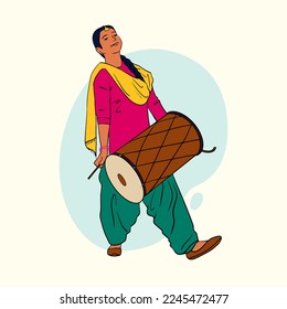 Indian Punjabi woman traditional dance with drum vector illustration, wearing a bright, colorful Indian dress