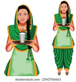 Mujeres indias punyabíes sosteniendo vidrio Lassi en la Ilustración vectorial de sus manos