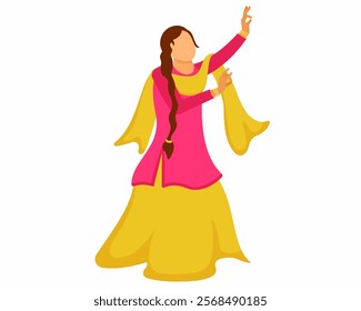 Indian punjabi women wearing ethnic indian salwar suit enjoying bhangra dance on occasion lohri and baisakhi