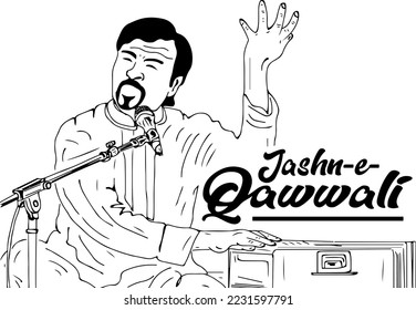 Indian qawwali singer sketch drawing illustration, qawwali singer vector clip art, Islamic classic singer logo, Indian ghazal artist emblem, folk singer cartoon character