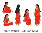 Indian Queen woman with Red saree cartoon character set , Indian Young Female Character for Cartoon , Indian queen girl character vector , Indian Woman character