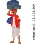 Indian railway porter, railway porter in red uniform carrying luggage at railway station