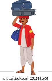 Indian railway porter, railway porter in red uniform carrying luggage at railway station