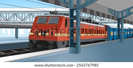 Indian Railway Station Background Vector, Cartoon Railway station Illustration