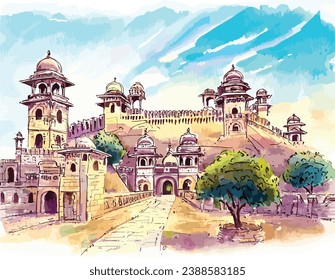 Indian Rajasthan village and fort with tree in watercolor, hand-painted and isolated on a white background. This artwork captures the essence of traditional Rajasthan architecture