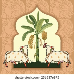 Indian Rajasthani Miniature art work Pichwai cow and banana tree