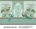 Indian Rajasthani Wallpaper Mural Mughal Inspired Tropical Canvas Painting, Jaipur Archway Backdrop, Handmade Green Nature Wall Art, Moroccan Seamless Border and Background.