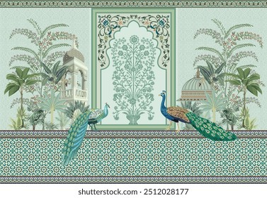 Mural de Fondo de pantalla Rajasthani indio Mughal inspirado en la pintura de lona tropical, telón de fondo de arco de Jaipur, arte de pared de Naturaleza verde hecho a mano, frontera y fondo marroquí sin fisuras.