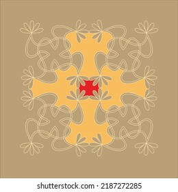 Indian rangoli design with geometrical pattern with curve lines and flowers light brown color background.