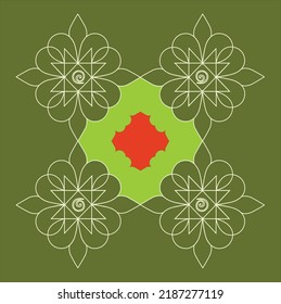 Indian rangoli design with traditional line pattern arranged in square form red and parrot green in the centre on sap green background.
