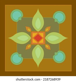 Indian rangoli design with traditional motifs, square symmetrically arranged  leaves and flowers on ochre color background.