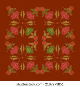 Indian rangoli design with traditional motifs leaves and flowers on maroon color background.