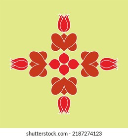 Indian rangoli design with traditional motifs of leaves and flowers arranged in square on lemon yellow color background.