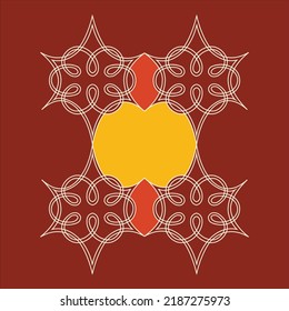 Indian rangoli design with traditional pattern with curve lines arranged in square and yellow in the centre on maroon color background. 
