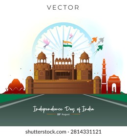 Indian Red Fort and flag background for Independence Day of India. Freedom festival celebration.