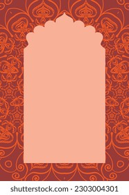Indian red window frame with floral patterns in Mughal style vector oriental decorative design template, place for text card, wedding invitation