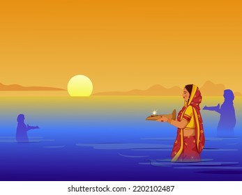 Indian regional festival of Bihar state Chhat, Hindu religious woman worshiping the setting sun at river bank. 