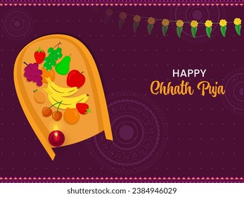 Indian regional festival of Bihar state Chhat concept with prayer ingredients full traditional basket on Purple mandala pattern background.