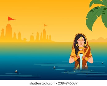 Indian regional festival of Bihar state Chhat, Hindu religious woman worshiping the setting sun at river bank and temple background.