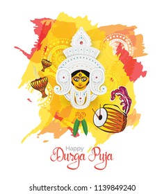 Indian Religion Feastival Durga Puja Background Design Template with Goddess Durga Face Illustration and Watercolor Background