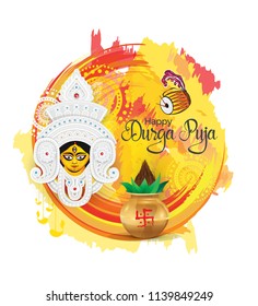 Indian Religion Feastival Durga Puja Background Design Template with Goddess Durga Face Illustration and Mangal Kalash, Dhak, Watercolor Background