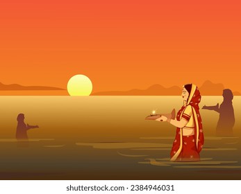 Indian religion festival of Bihar state Chhat, Hindu religious woman worshipping the setting sun at river bank.