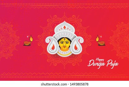 Indian Religion Festival Durga Puja Background Template Design with Goddess Durga Face Illustration