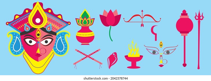 Indian Religion Festival Durga Puja Design with Goddess Durga Face and all festival related elements Illustration and minimalist vector