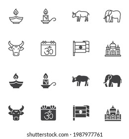 Indian religion icon set, line and glyph version, outline and filled vector sign. Indian culture linear and full pictogram. Symbol, logo illustration. Set includes icons as holy cow animal, elephant