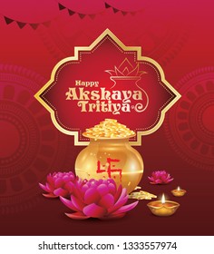 Indian Religious Festival Akshaya Tritiya Background Design Template with Decorative Ornaments Kalash, Lotus, Lamps