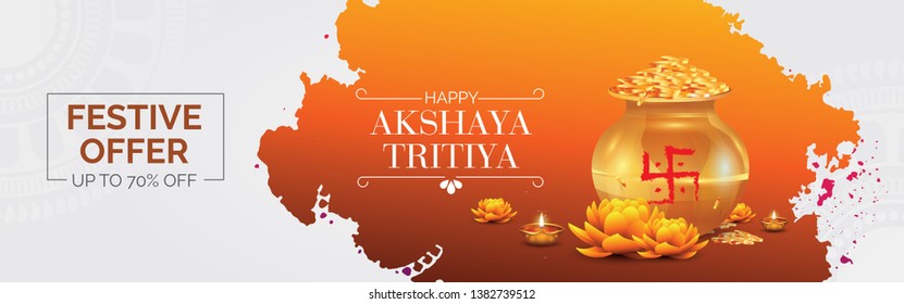 Indian Religious Festival Akshaya Tritiya Celebration Banner or Header with Abstract Background, Kalash, Coin, Lotus, Lamps