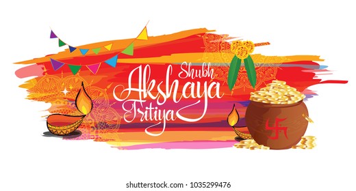 Indian Religious Festival Akskhaya Tritiya Banner Design with Gold Coin, Lamps and Abstract Watercolor Background