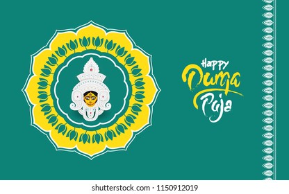 Indian Religious Festival Derga Puja Background Illustration with Round Floral design and Durga Face