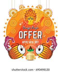Indian Religious Festival Durga Puja Offer Design Template With Dhak, Kalash, Durga Face, Vector Illustration